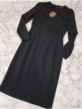 Dolce & Gabbana Black Long-Sleeve Midi Dress with Gold & Red Crest